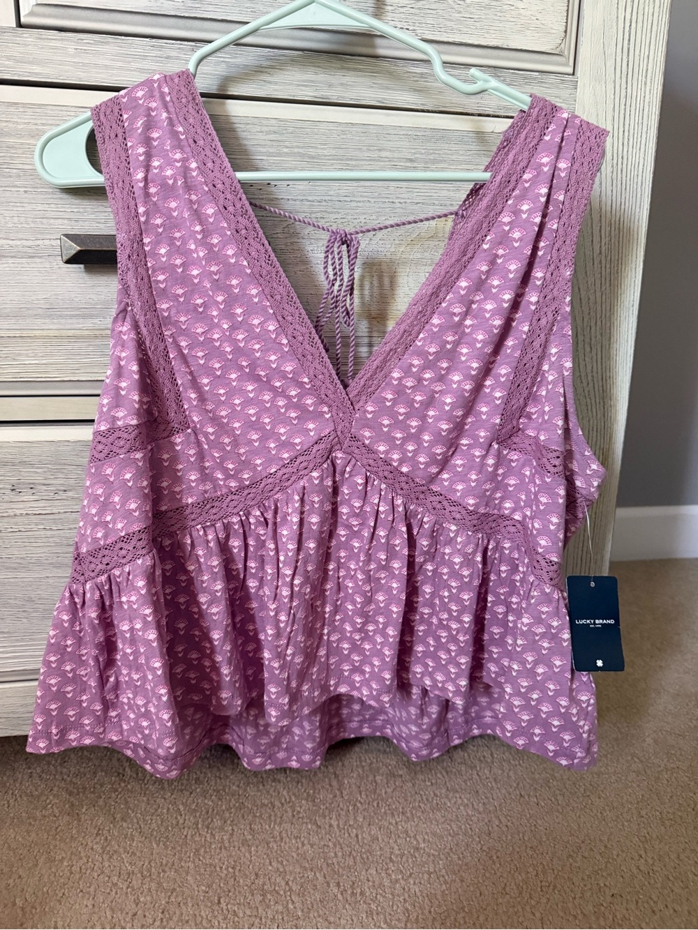 Lucky Brand Mauve Pink Printed Lace-Trim Tank Top